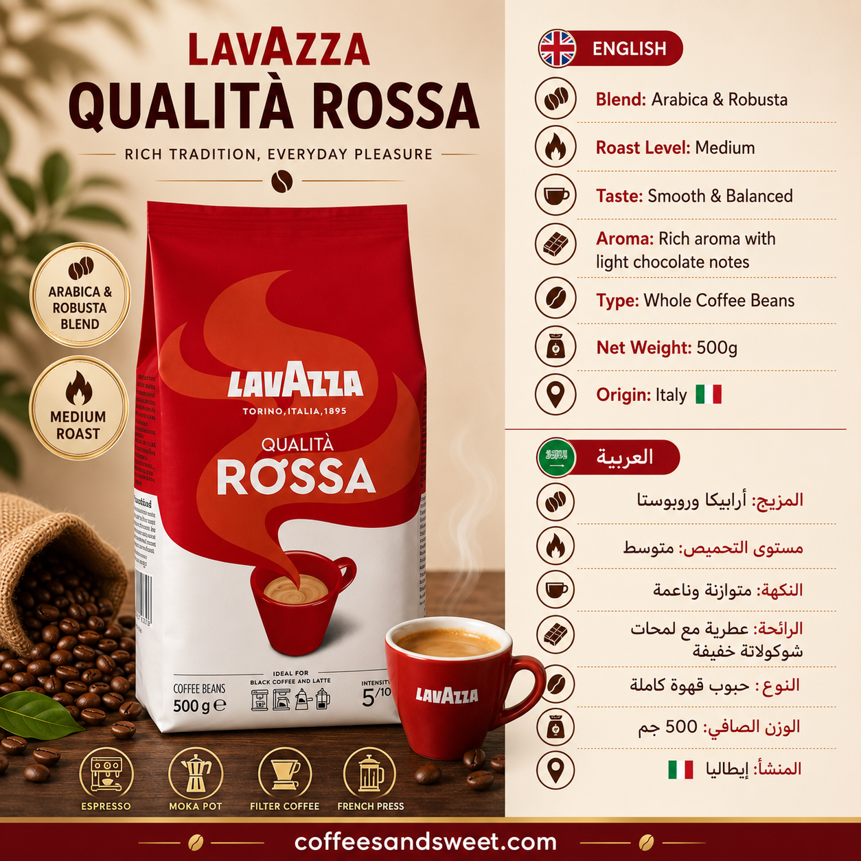 Lavazza QUALITA ROSSA - Coffee Beans 500g - الصورة 2